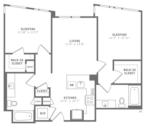 Floor plan for 2 beds, 2 baths, 988 sqft